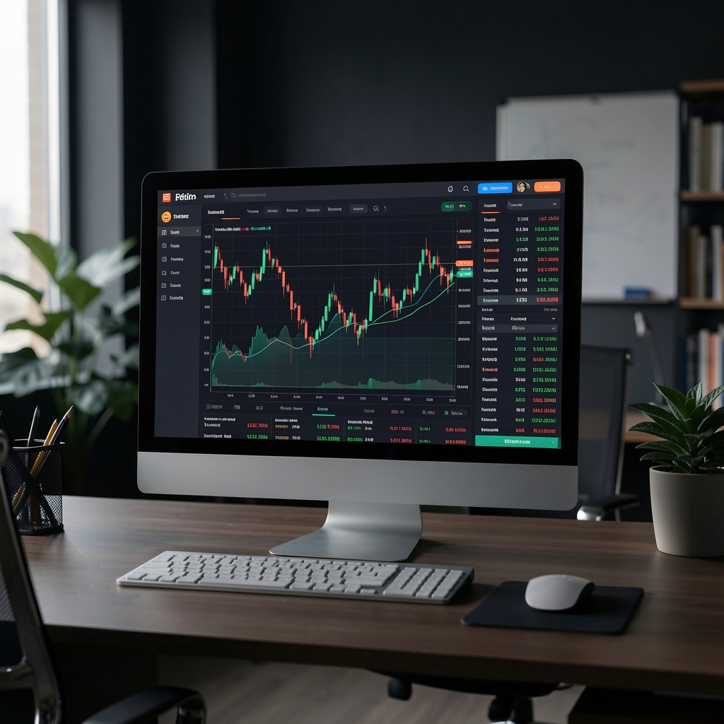 Экран компьютера с графиком цены Bitcoin и интерфейсом криптовалютной биржи в тёмном офисе